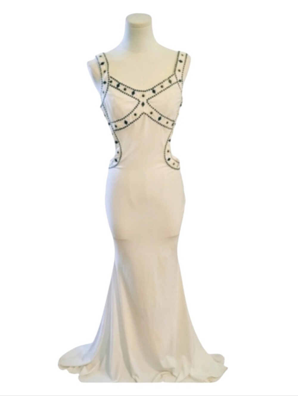 Jovani White Bodycon Backless Beaded Formal Evening Prom Dress With Train Size 4